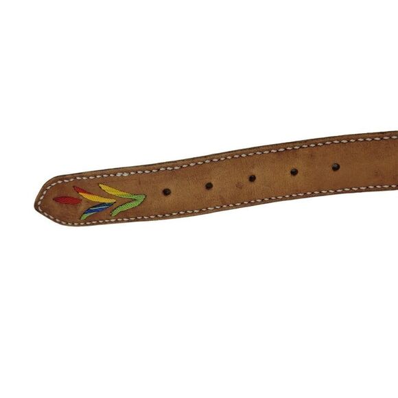 Vintage 70s Leather Belt Artisan M/L 37" Tan Rainbow Embroidered Parrot Western - Picture 7 of 10